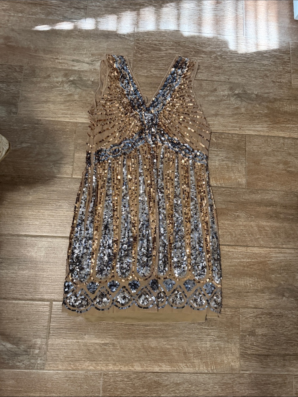 Boston Proper Nude and Silver Sequin V-Neck Mini Dress